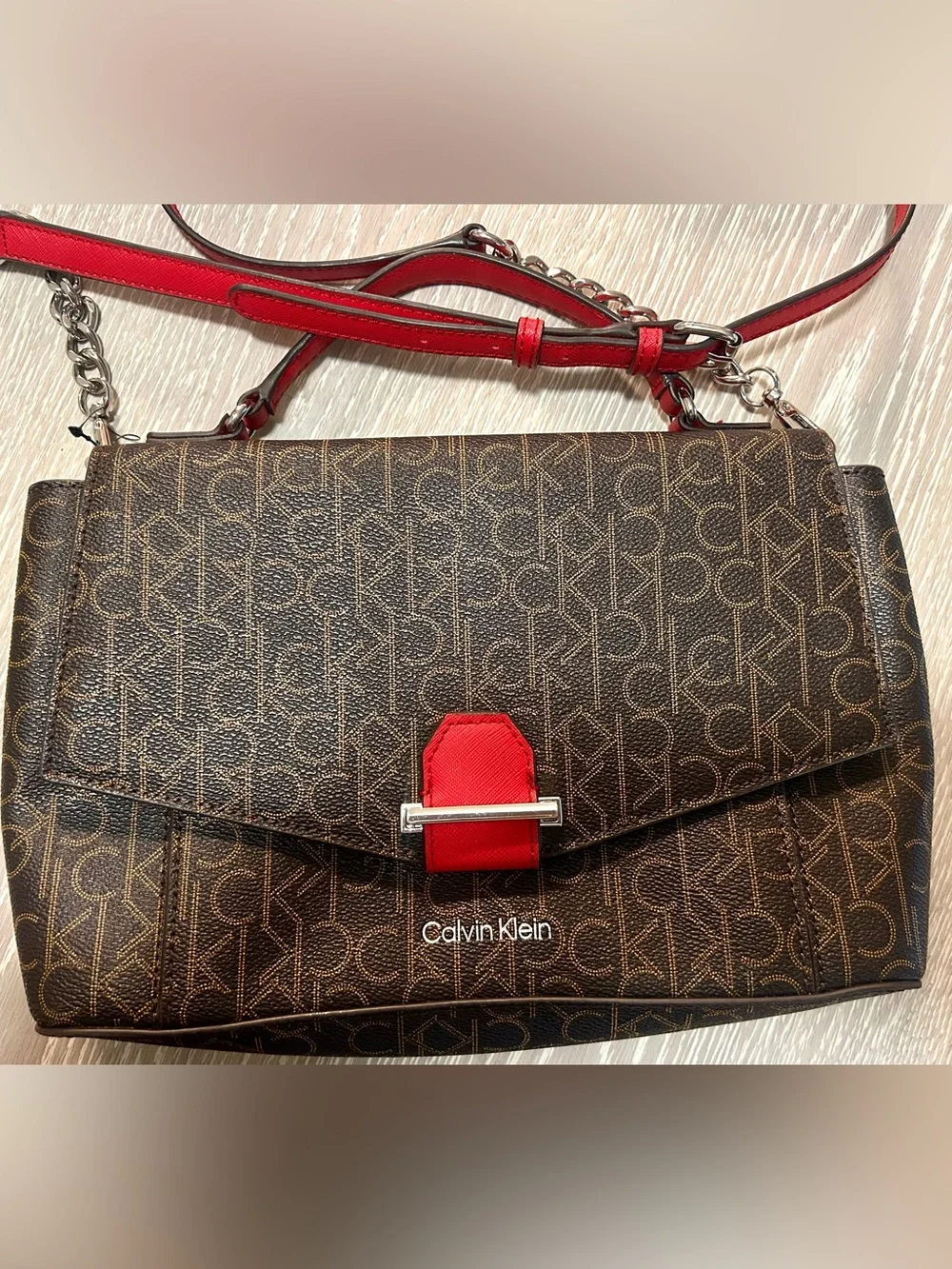 Calvin Klein Brown Monogram Satchel with Red Strap Accents
